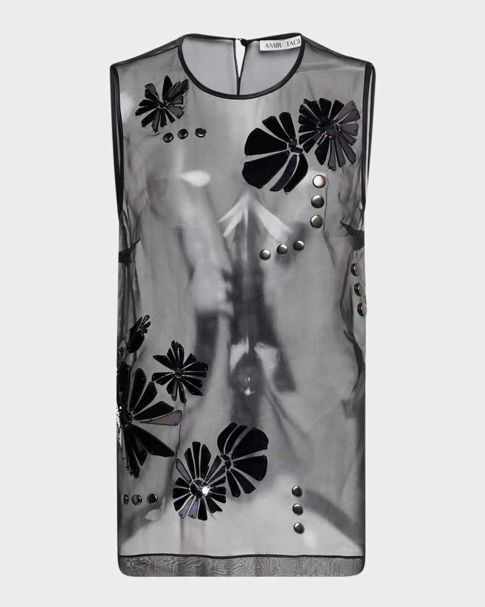 Sima Floral Embroidered Sheer Silk Tank Top
